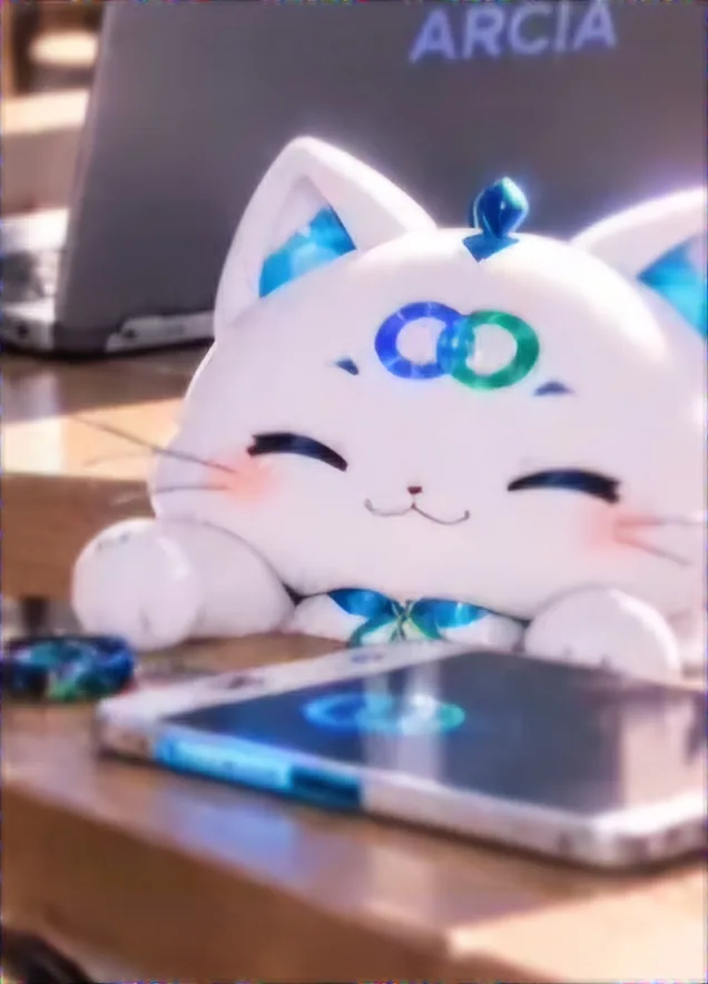 ARCAT, a white plush cat with ARCIA's blue and green rings on his forehead, asleep by a laptop