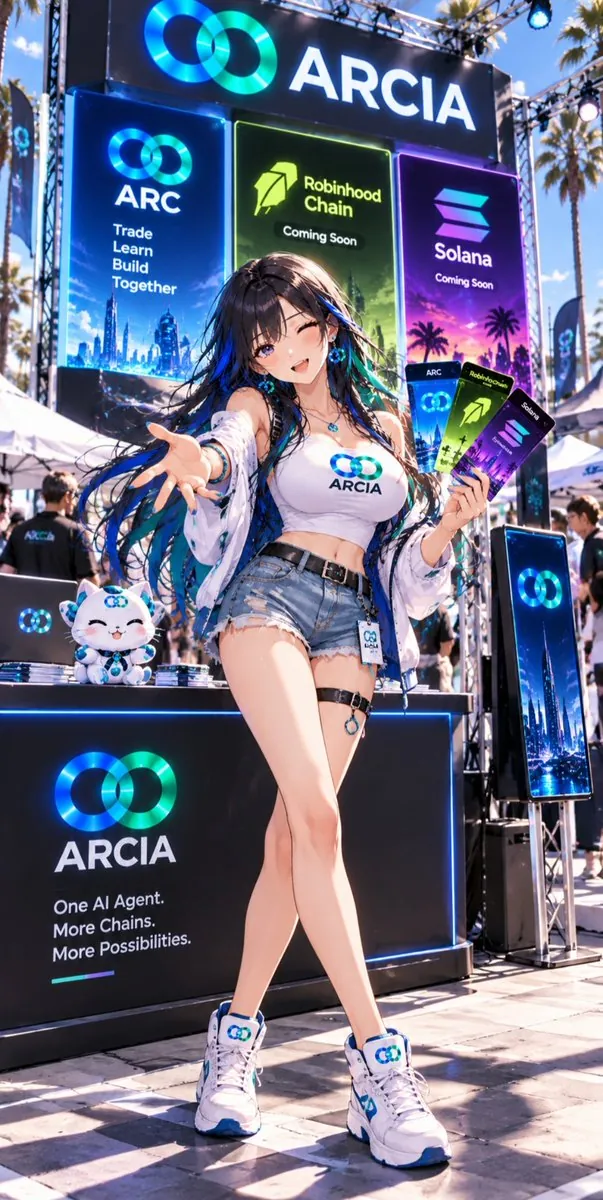 ARCIA at her booth with Arc, Robinhood Chain and Solana tickets