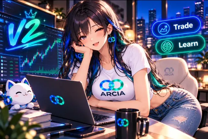ARCIA at her desk with a V2 screen behind her